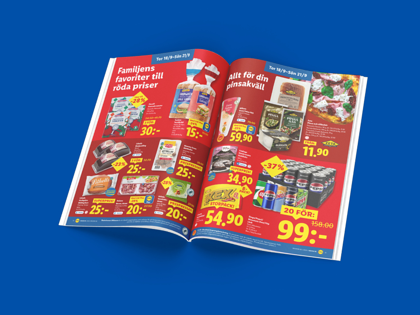 En reklambroschyr med erbjudanden på matvaror som bröd, kött, pizza och läsk.