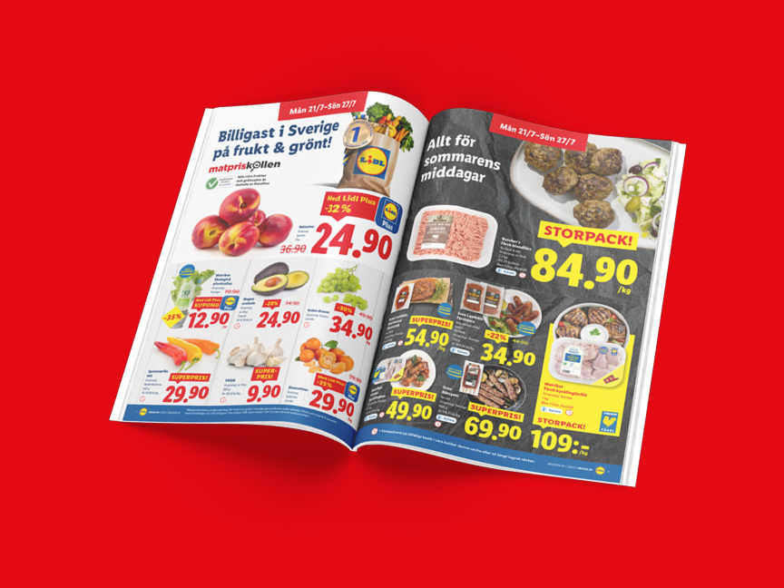 Lidl-reklamblad visar sommarens middagar med priser på frukt, grönt, köttfärs och kyckling.