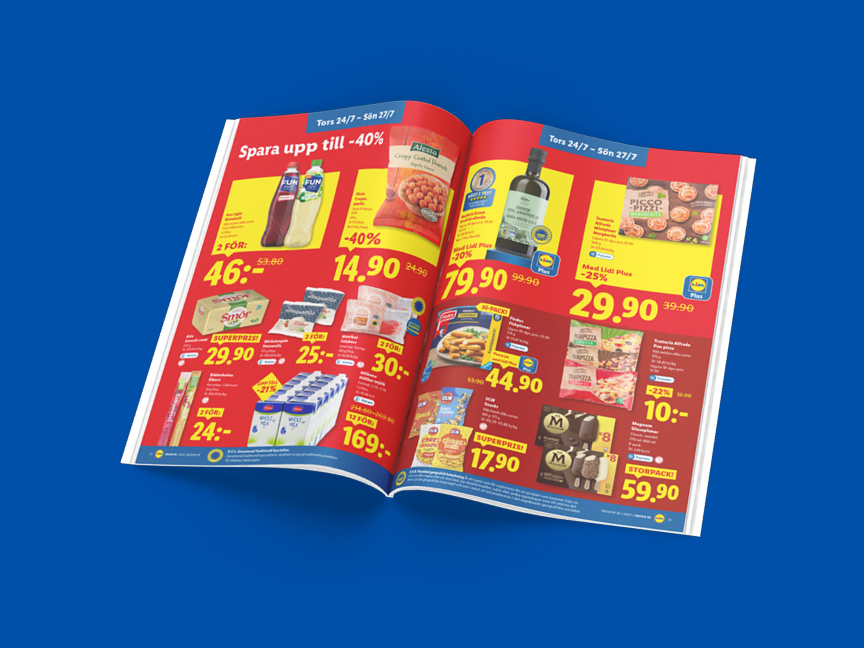 Lidl-reklamblad visar erbjudanden på matvaror som Alesto popcorn, Fun Light drycker, smör, pizza och glass.